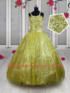 Shining Gold Lace Up Straps Sequins Girls Pageant Dresses Sequined Sleeveless