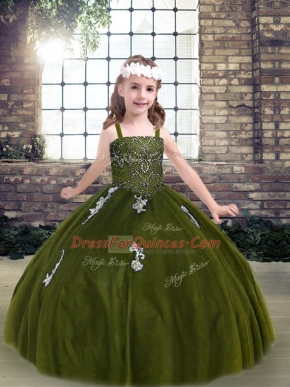 Tulle Strapless Sleeveless Lace Up Appliques Pageant Gowns For Girls in Olive Green