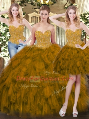 Exquisite Tulle Sweetheart Sleeveless Lace Up Beading and Ruffles Vestidos de Quinceanera in Olive Green