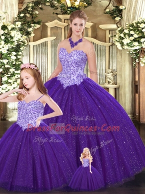 Purple Ball Gowns Beading Sweet 16 Dresses Lace Up Tulle Sleeveless Floor Length