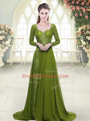 Modern Long Sleeves Sweep Train Beading Backless Evening Dress