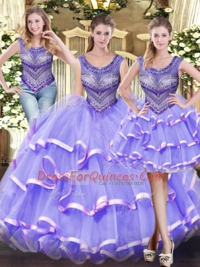 Noble Sleeveless Tulle Floor Length Lace Up Vestidos de Quinceanera in Lavender with Beading and Ruffled Layers