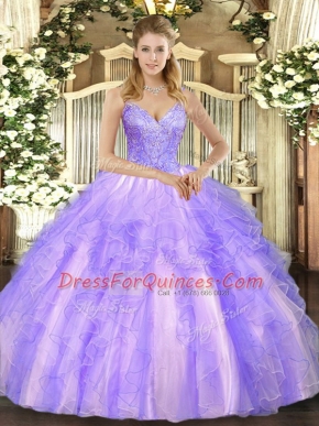 Pretty Lavender Sleeveless Beading and Ruffles Floor Length Quinceanera Gowns
