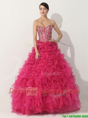 Classical Visible Boning Hot Pink Quinceanera Gown with Beading and Ruffles