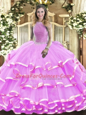 Suitable Sleeveless Floor Length Beading and Ruffled Layers Lace Up Ball Gown Prom Dress with Lilac