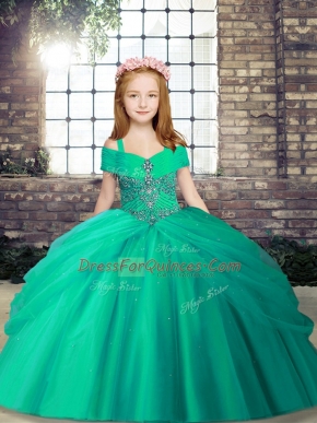 High Class Turquoise Ball Gowns Tulle Straps Sleeveless Beading Floor Length Lace Up Kids Pageant Dress