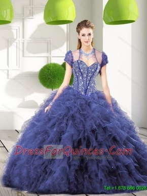 Best Navy Blue Quinceanera Gown with Beading and Ruffles for 2015