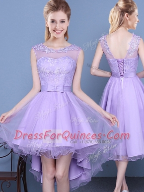 Scoop Lavender Lace Up Quinceanera Dama Dress Lace Sleeveless Mini Length