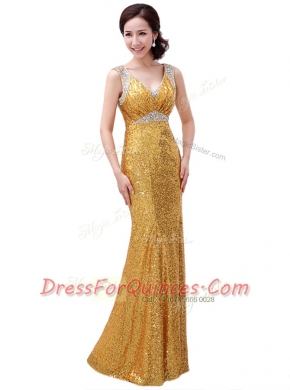 Gold Zipper V-neck Sequins Prom Party Dress Sequined Sleeveless