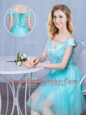 Off the Shoulder Aqua Blue Tulle Lace Up Quinceanera Court of Honor Dress Cap Sleeves Knee Length Lace and Appliques and Bowknot