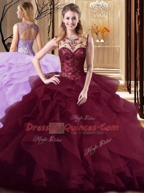 Exceptional Burgundy Quinceanera Gown Tulle Brush Train Sleeveless Beading and Ruffles