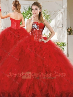 Popular Really Puffy Red 15th Birthday Dress with Beading and Ruffles