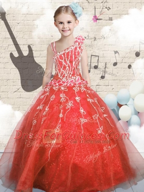 Sleeveless Floor Length Appliques Lace Up Flower Girl Dresses with Orange Red