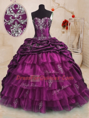 Luxury Purple Ball Gown Prom Dress Military Ball and Sweet 16 and Quinceanera and For with Beading and Appliques and Ruffles and Pick Ups Sweetheart Sleeveless Sweep Train Lace Up