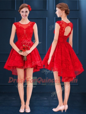 Scoop Lace Dama Dress for Quinceanera Red Lace Up Sleeveless High Low