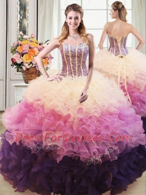 Artistic Sweetheart Sleeveless Ball Gown Prom Dress Floor Length Beading and Ruffles Multi-color Organza