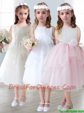 Lovely Scoop Hand Made Flowers and Ruffled Layers Mini Quinceanera Dresses in Tea-length