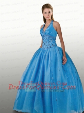Perfect Beaded Decorate Halter Top 2015 Sweet 16 Dress in Aqua Blue