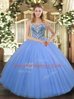 Sleeveless Floor Length Beading Lace Up Quinceanera Gown with Baby Blue