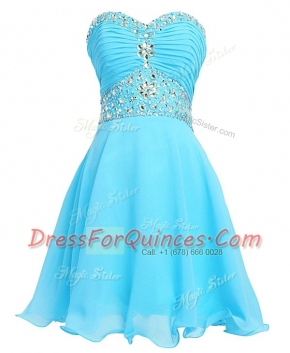 Aqua Blue Sleeveless Beading and Belt Mini Length Prom Gown