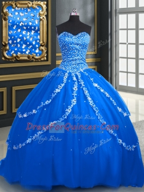 Custom Fit Sleeveless Tulle With Brush Train Lace Up 15 Quinceanera Dress in Blue with Beading and Appliques