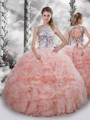 Baby Pink Ball Gowns Beading and Ruffles Vestidos de Quinceanera Lace Up Organza Sleeveless Floor Length