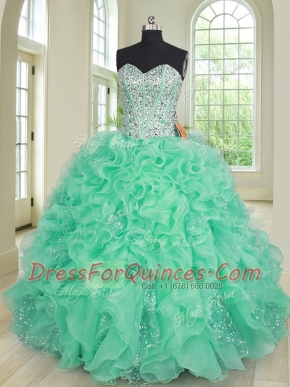 Sleeveless Floor Length Beading and Ruffles Lace Up Sweet 16 Dresses with Turquoise