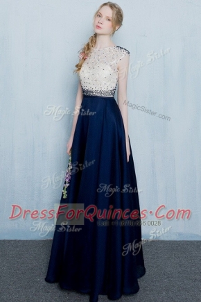 Navy Blue Column/Sheath Scoop Cap Sleeves Chiffon Floor Length Zipper Beading and Ruching Evening Dress
