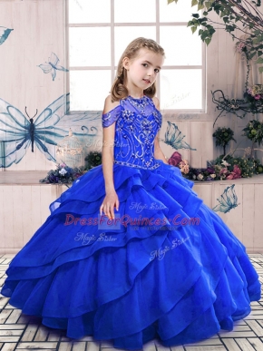 Trendy Royal Blue Scoop Neckline Beading Kids Formal Wear Sleeveless Lace Up