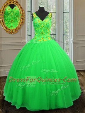 Green Zipper V-neck Beading 15th Birthday Dress Tulle Sleeveless