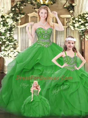 Glittering Floor Length Lace Up 15 Quinceanera Dress Green for Military Ball and Sweet 16 and Quinceanera with Beading and Ruffles