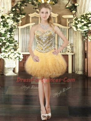 Sleeveless Tulle Mini Length Lace Up Prom Party Dress in Gold with Beading and Ruffles