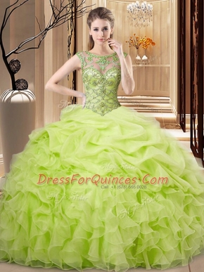 Yellow Green Organza Lace Up Scoop Sleeveless Floor Length Sweet 16 Quinceanera Dress Beading and Ruffles and Pick Ups