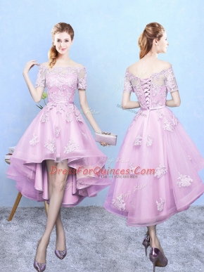 A-line Court Dresses for Sweet 16 Rose Pink Off The Shoulder Tulle Short Sleeves High Low Lace Up