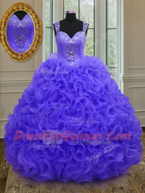 Stylish Straps Purple Ball Gowns Beading and Ruffles Ball Gown Prom Dress Zipper Organza Sleeveless Floor Length