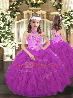 Tulle Halter Top Sleeveless Lace Up Embroidery and Ruffles Pageant Gowns For Girls in Purple
