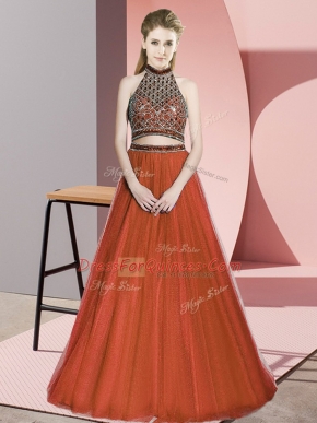 Halter Top Sleeveless Prom Dress Floor Length Beading Rust Red Tulle