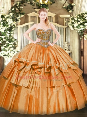 Sweetheart Sleeveless Sweet 16 Dresses Floor Length Beading and Ruffled Layers Orange Organza