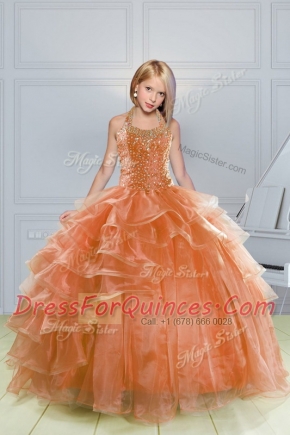 Edgy Halter Top Orange Sleeveless Floor Length Beading and Ruffles Lace Up Flower Girl Dress
