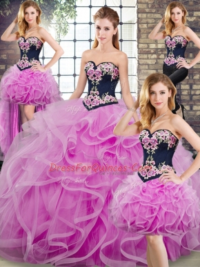 Romantic Sweetheart Sleeveless Sweep Train Lace Up Embroidery and Ruffles Ball Gown Prom Dress in Lilac
