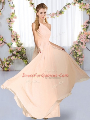 Simple Peach Lace Up Quinceanera Dama Dress Ruching Sleeveless Floor Length