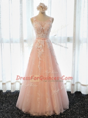 Shining Peach A-line Appliques Prom Dresses Lace Up Tulle Sleeveless Floor Length