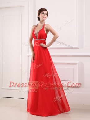 Coral Red Zipper Halter Top Beading Homecoming Dress Chiffon Sleeveless