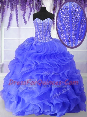 Elegant Blue Organza Lace Up Sweetheart Sleeveless Floor Length Quinceanera Gown Beading and Ruffles
