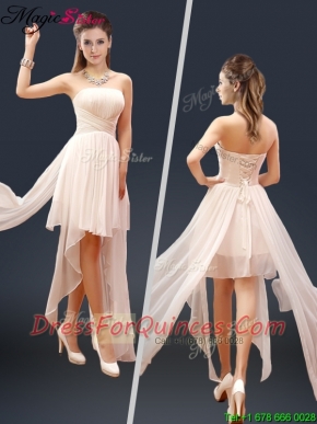 2016 Cheap Champagne Asymmetrical Prom Dresses with Ruching