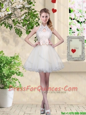Feminine A Line Halter Top Prom Dresses with Bowknot and Lace