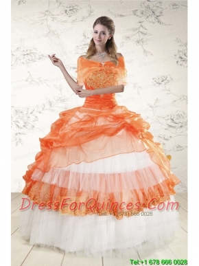 2015 Perfect Strapless Orange Quinceanera Dresses with Beading and Appliques