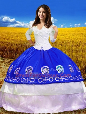 Luxury Royal Blue Ball Gowns Embroidery Quinceanera Dress Lace Up Taffeta 3 4 Length Sleeve Floor Length