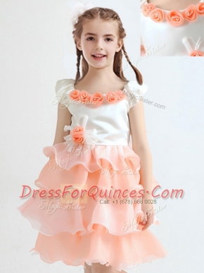 Latest Scoop Knee Length Peach Flower Girl Dresses Organza Cap Sleeves Ruffled Layers and Hand Made Flower