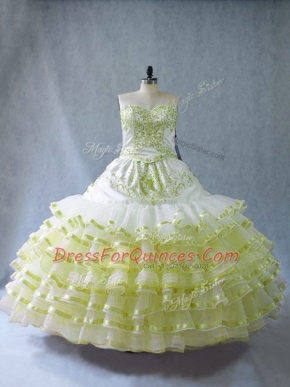Simple Floor Length Yellow Green 15 Quinceanera Dress Organza Sleeveless Embroidery and Ruffled Layers
